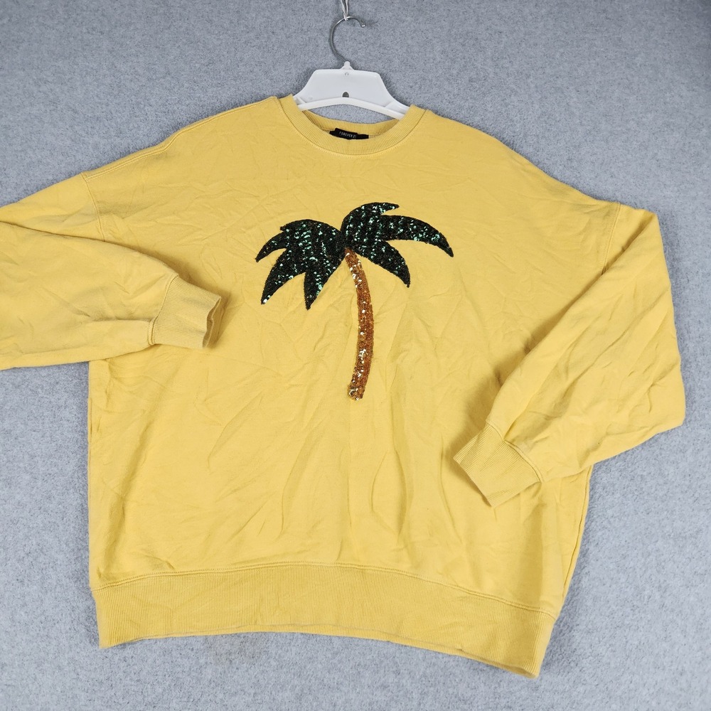 Forever 21 Sweatshirt Womens Small Yellow Palm Tree Sequin Relaxed Fit Pullover